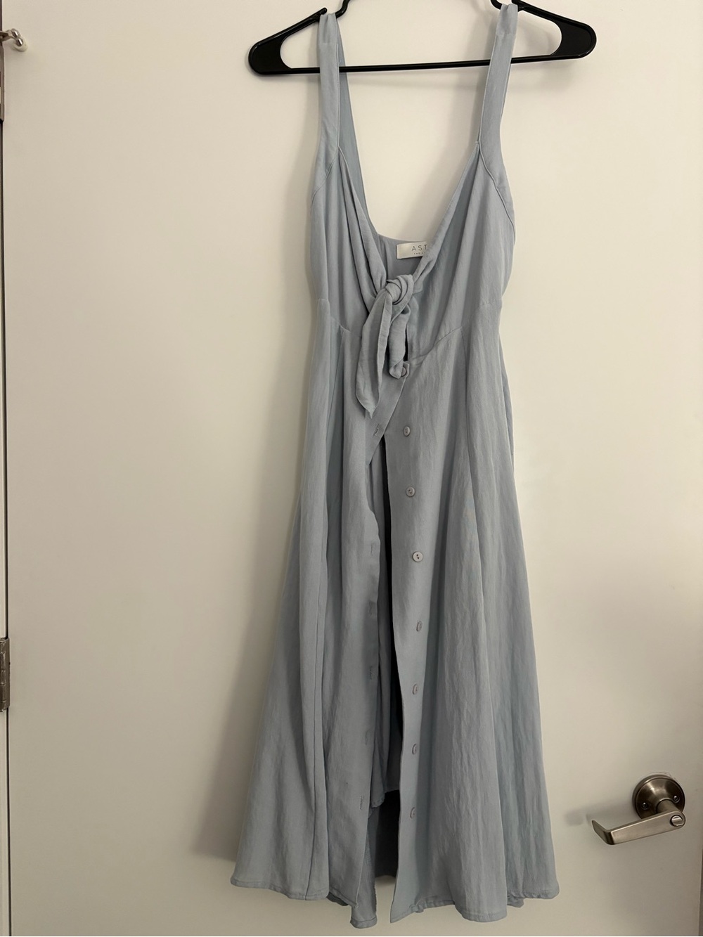 Astr Light Blue Button-Front Midi Dress with Front Tie
